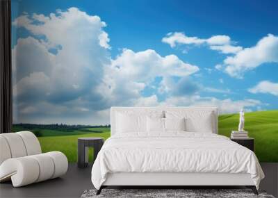 Green grass slope with blue sky and clouds Wall mural