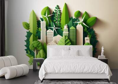 Green leaf image in the paper art style with trees, city building silhouettes, windmills, and solar panels. the preservation of ecology. a green energy idea. Generative AI Wall mural