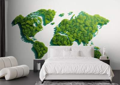 Green World Map Isolated tree or forest shape on a white background. Earth Day or Environment Day Concept World Map Green Planet. green planet and an electric vehicle. The Paris Agreement idea Wall mural