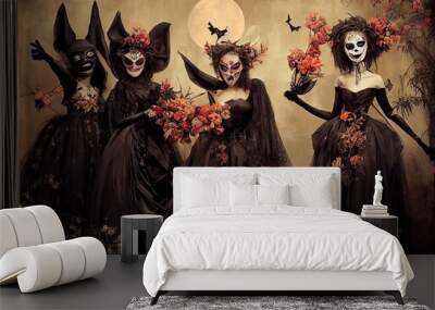 Group of three diverse charming coquettes in dark masquerade elegant dresses, masks on eyes, smiling, enjoying near decorated wall with bats, toothy beaming smiles, scary bright cosmetics hot figures Wall mural