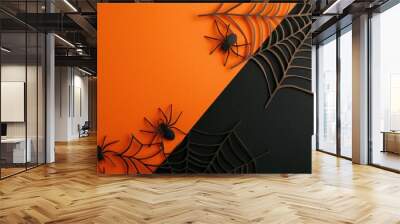 Halloween themed orange and black paper background with spiderwebs Wall mural