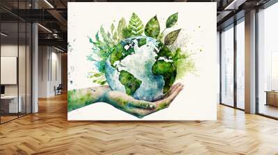 Hand holding the Earth covered with water, adorable wildlife, luscious foliage, and leaves. safeguard the environment and the idea of Earth Day. on a backdrop of white. Generative AI Wall mural