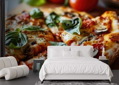 Hand holding vegetable pizza with mozzarella mushrooms cooked in an air fryer at home for breakfast or as a snack. Wall mural