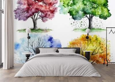 Hand painted illustration of colorful four season tree.Picture created with watercolors on paper. Wall mural