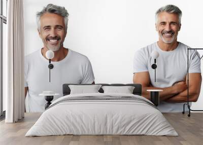 Happy middle aged man with grey hair smiling and looking at the camera wearing a white t shirt isolated on a transparent background and portraying a healthy lifestyle Wall mural