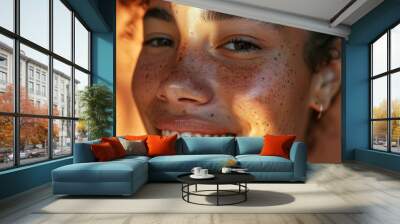 Happy woman using beauty products for healthy skincare and aesthetic shine. Young model with face freckles using cosmetic products and sunscreen for wellness and melasma. Wall mural