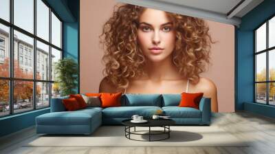 Health issues with hair in a woman with beautiful curls wearing a white tank top Wall mural