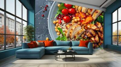 Healthy Chicken Buddha Bowl With Vegetables Chickpea And Quinoa Grilled Chicken Salad Clean And Balanced Healthy Food Concept Top View Wall mural