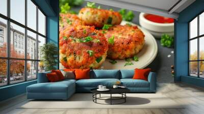 Healthy vegetable cutlet made from carrot zucchini and potato with sauce Wall mural