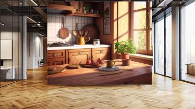 Home background with a wooden desk and a fuzzy kitchen interior. Generative AI Wall mural