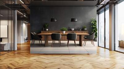 Home interior, a contemporary dining room with a dark and modern design. The interior features a gray wall that is devoid of any decorations, serving as a placeholder for various artwork. The image is Wall mural