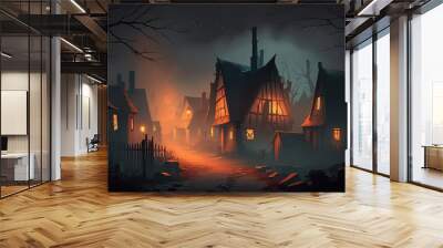 Hunted Village is a dark and foggy place. Concept art for Halloween; scary atmosphere of a medieval village afflicted by the black plague. Generative AI Wall mural