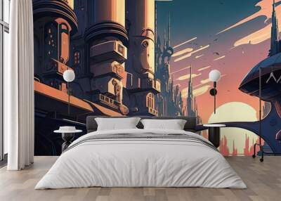 Illustration of a futuristic cityscape in the style of anime. Generative AI Wall mural