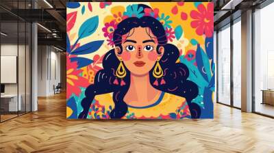 Illustration of a vibrant young Hispanic woman portrayed in a cartoon style for use as an icon featuring a colorful design Wall mural