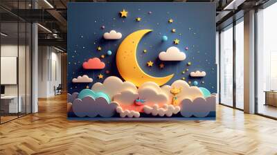 Imaginative cartoon moon, stars, and clouds depicting a night sky. aspect of bright design composition. children's soft toys, clay, or plastic. rich in color. Generative AI Wall mural