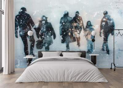 Impressions of individuals on a snowy white backdrop Wall mural