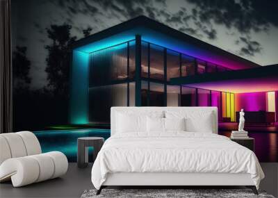 In a contemporary villa at night, colored led lighting. No one is inside. Generative AI Wall mural