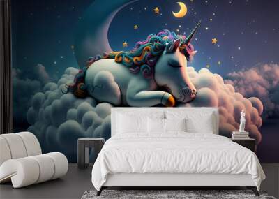 In clouds, a sweet cartoon unicorn sleeps on the moon. Generative AI Wall mural