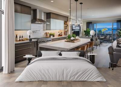 In modern luxury homes, you wont find anyone without a well equipped kitchen featuring a tiled backsplash, a sleek quartz countertop, and brand new appliances such as a refrigerator, stove, oven, and Wall mural