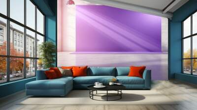 In the center of the room stands a rectangular purple wall made of glass, casting a violet hue across the flooring. The vibrant magenta tint contrasts with the electric blue surroundings Wall mural