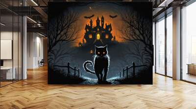 In the dead of night, a black cat with blazing eyes stalks a cemetery. Background for Halloween, digital illustration. Generative AI Wall mural