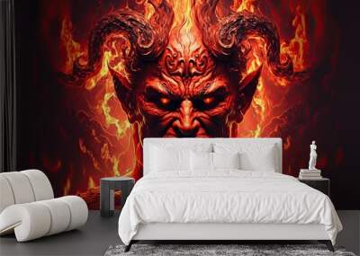 Incendiary demon of fire. Illustration of a diabolical demon on fire that ushers in the forces of evil and unlocks the gates of hell. Generative AI Wall mural