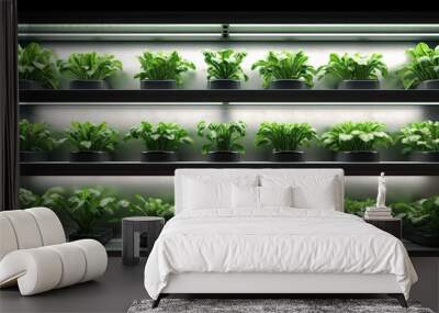 Indoor farm system utilizes and LED light to cultivate plants on shelves Wall mural