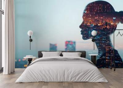 Innovation concept portrayed through data and mobile phone double exposure. Wall mural