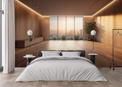 interior decor of a spacious, light filled room with a wooden floor and LED lighting. Generative AI Wall mural