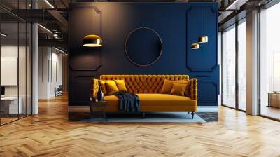 interior mockup dark blue wall with yellow sofa and decor in living room,3d rendering Wall mural