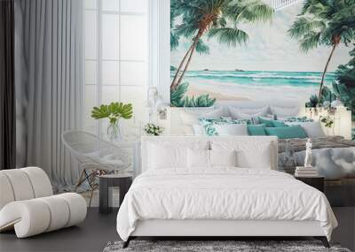 Interior of white tropical bedroom, coastal design. Generative AI Wall mural