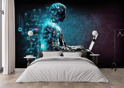 Internet of Things (IoT) idea, digital software development, background in future technology Man utilizing laptop and digital tablet with connectivity to the internet and computer code. Generative AI Wall mural