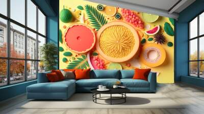 Inventive summer fruit based design. flat lie in the tropics. notion of food. On a yellow backdrop, melon, coconut, watermelon, kiwi, apricot, lemon, and orange juice may be seen. Generative AI Wall mural