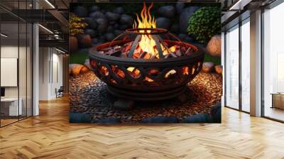 Iron fire pit and burning fire in fire place a garden . Generative AI Wall mural