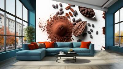 Isolated cocoa powder with beans and pods on a white backdrop. Generative AI Wall mural