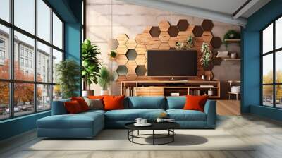 Japanese-style wooden floor and tv cabinet with wooden hexagonal tiles on the wall. Generative AI Wall mural