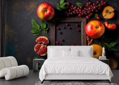 jewish new year. traditional holiday decorations of pomegranates, apples, and honey on a dark gray b Wall mural