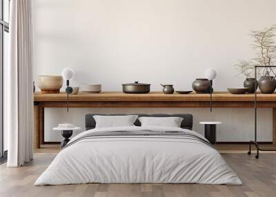 kitchen of a Japanese home, an abstract wooden table with a white textured background and isolated space creates a design perfect for an Asian-inspired breakfast spread, harmoniously combining nature Wall mural