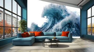 Large stormy sea wave in deep blue, isolated on white. Nature of the climate. in front. Generative AI Wall mural