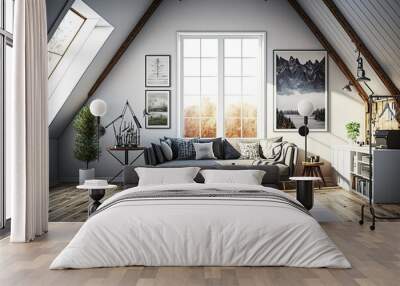 Light attic with vertical poster and books on sideboard, gray sofa with pillows, coffee table with drinks, glass partition, carpet on wooden floor, two roof windows. Generative AI Wall mural