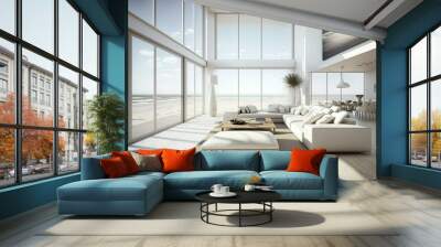 Lounge in the living area of a contemporary luxury beach home or hotel and take in the view of the ocean from the plush sofa and floor to ceiling windows at this penthouse apartment. Generative AI Wall mural