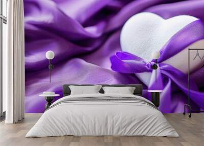 Love Card White Heart with Purple Ribbon on Purple Fabric Wall mural