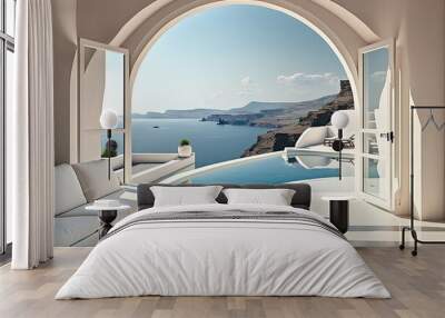 Luxury beach and pool property on Santorini island -. Generative AI Wall mural