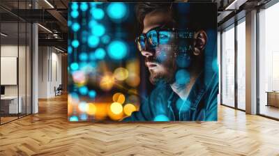 Male consultant using holographic technology at a call center for global IT support, digital transformation, and big data networking, working at night with double exposure. Wall mural