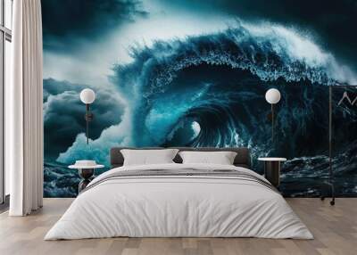 Massive waves A perfect storm Big Waves, or Tsunamis. Generative AI Wall mural