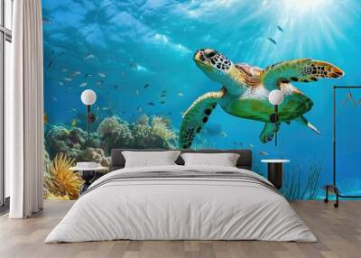 Mexico's vibrant Caribbean sea hosts a diverse array of marine life, including a green sea turtle and tropical fish, amidst a colorful coral reef. Wall mural