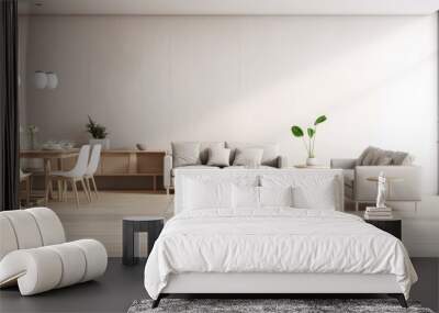 Minimalistic style is the combined interior of a large living room and dining area With copyspace for text Wall mural