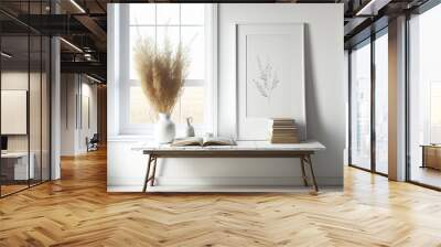 Mockup of a horizontal white frame on an antique wooden table and bench. With books and dried Lagurus ovatus grass, a contemporary white porcelain vase. white wall as a backdrop Scandinavian style dec Wall mural