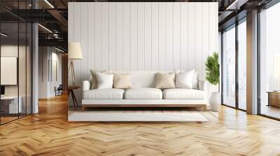 Mockup of a modern living room, featuring a white couch against a blank shiplap wall, rendered in 3D. Wall mural