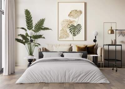 Mockup of a poster on the floor in a minimalist living room with a beige sofa, palm leaf accents, and a neutral backdrop color. Illustration,. Generative AI Wall mural